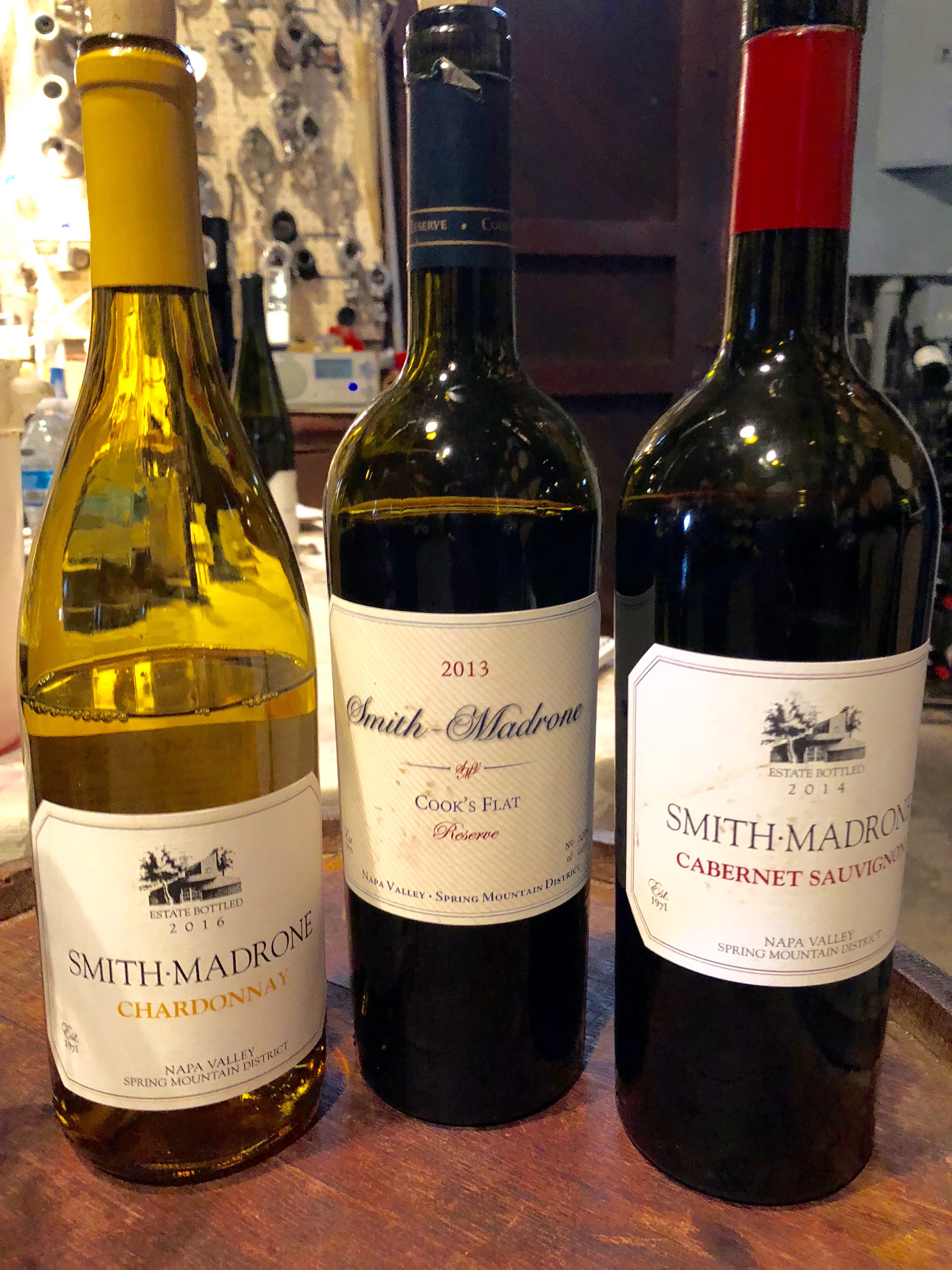 Some of Smith-Madrone’s exceptional wines including a 2016 Chardonnay, 2013 Cook’s Flat Reserve and 2014 Cabernet Sauvignon