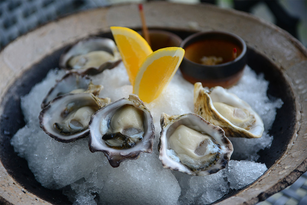 Kumamoto oysters with sansho mignonette and kanzuri.