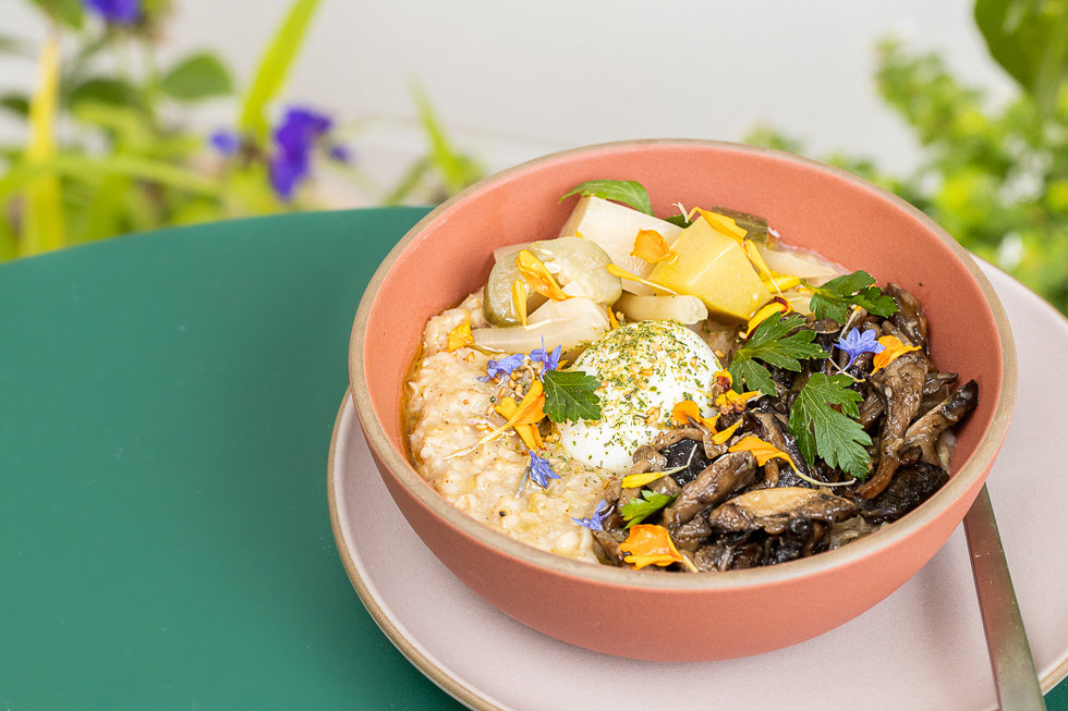 Their Japanese inspired porridge comes with a mushroom conserva, a few pickled veggies, and a soft-boiled egg.