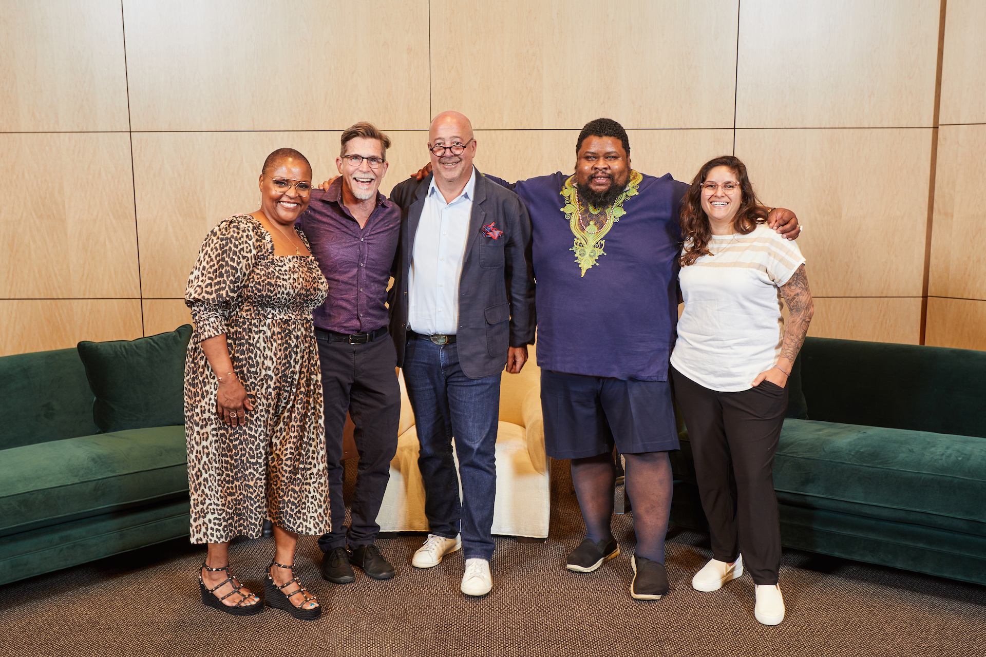 "Conversations at Copia" panelists (left to right) Tanya Holland, Rick Bayless, Michael Twitty, and Emiliana Puyana with host Andrew Zimmern (center).