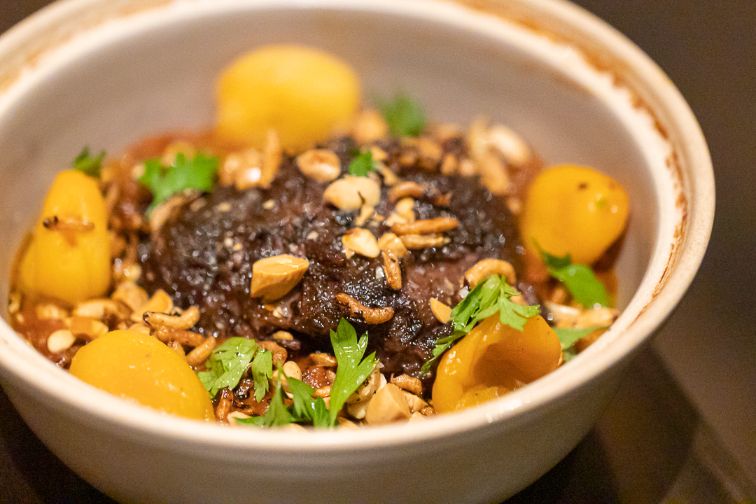 The beef cheek tagine will arrive in the traditional clay pot; when the lid comes off, breathe in the aroma of a steaming hearty stew with tender chunks of meat, rice puffs, almonds, apricots, and spiced root vegetable jam.