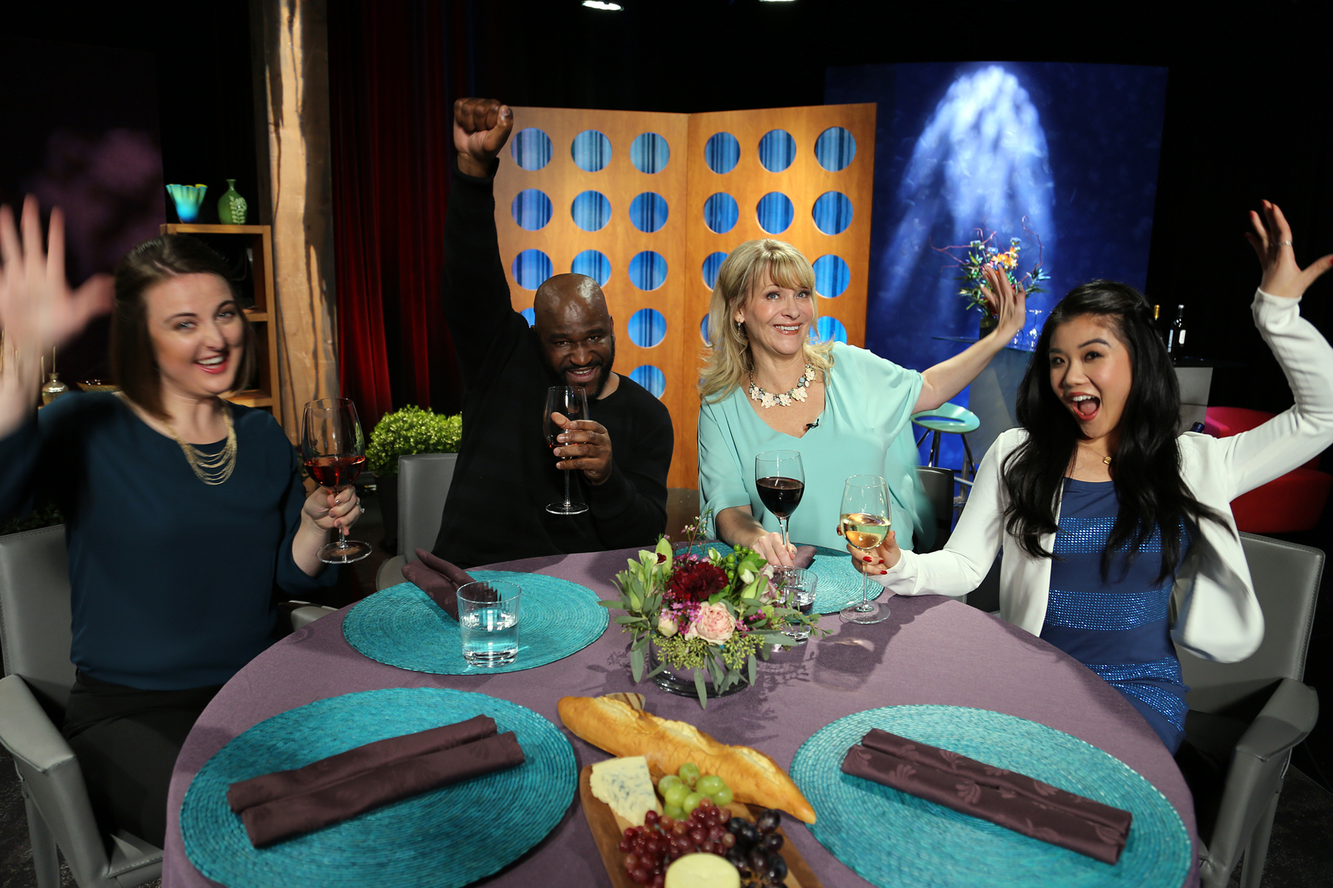 Host Leslie Sbrocco and guests having fun on the set of season 12 episode 3.