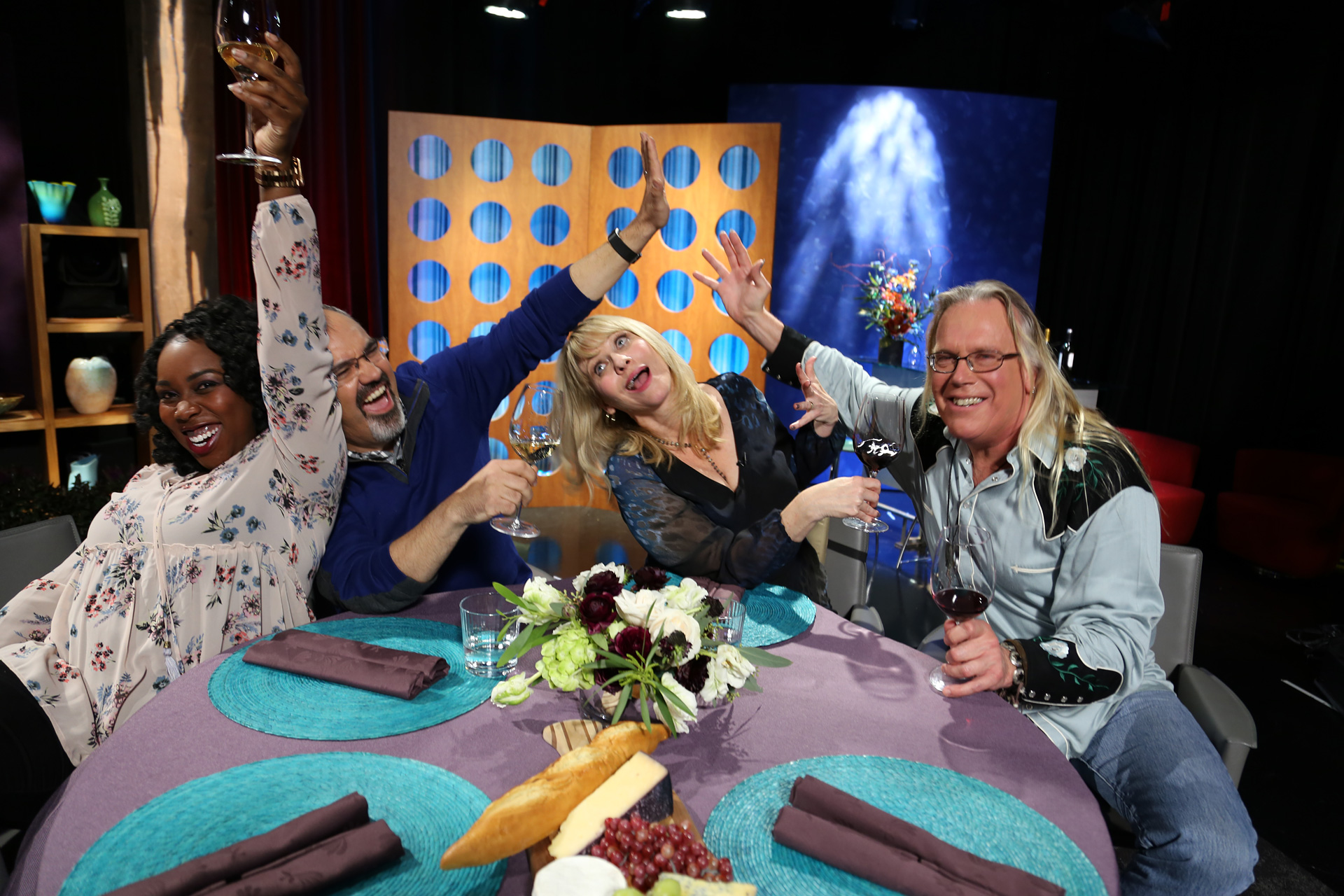 Host Leslie Sbrocco and guests having fun on the set of season 12 episode 7.