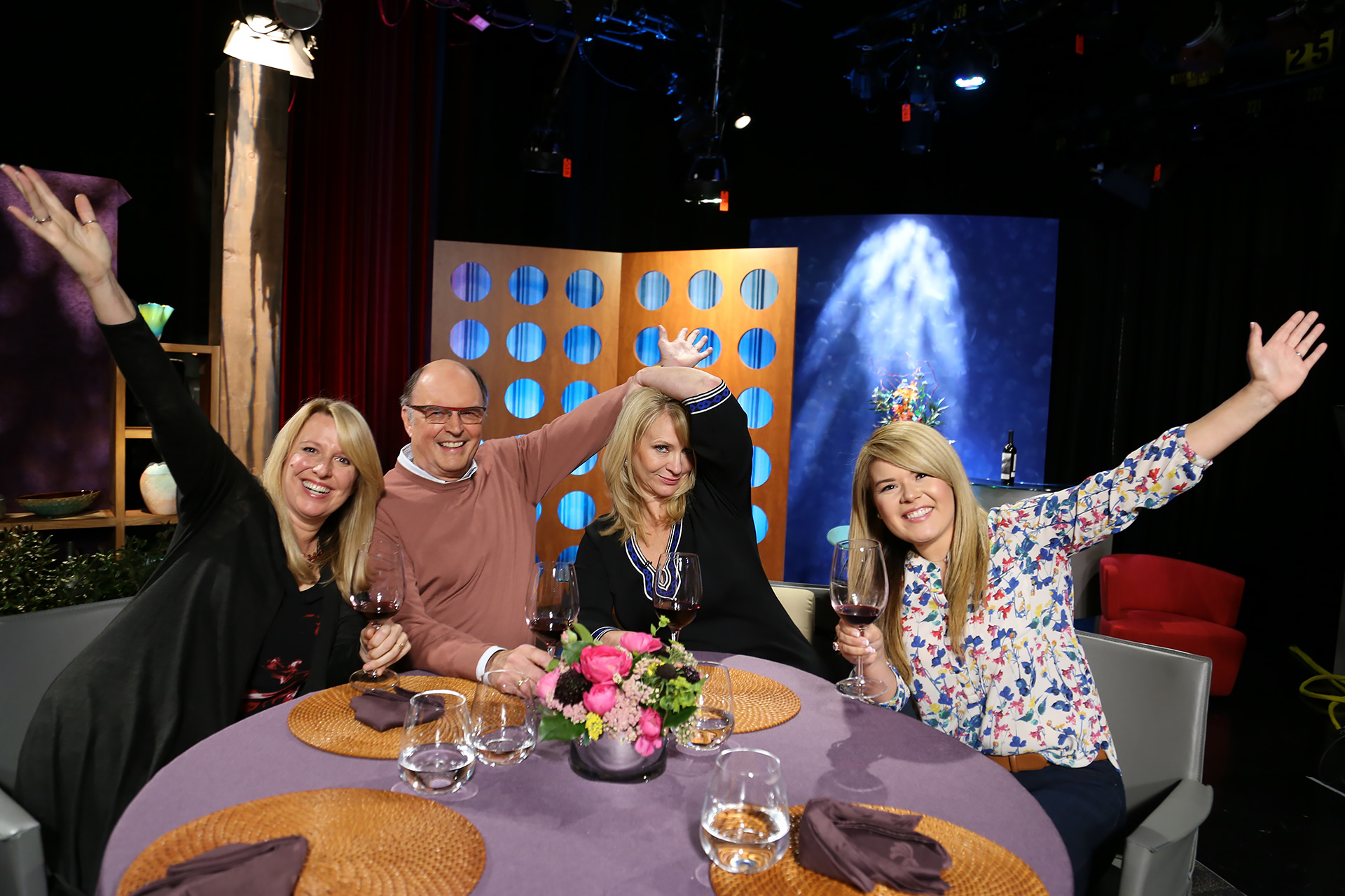 Host Leslie Sbrocco and guests having fun on the set of season 12 episode 17.