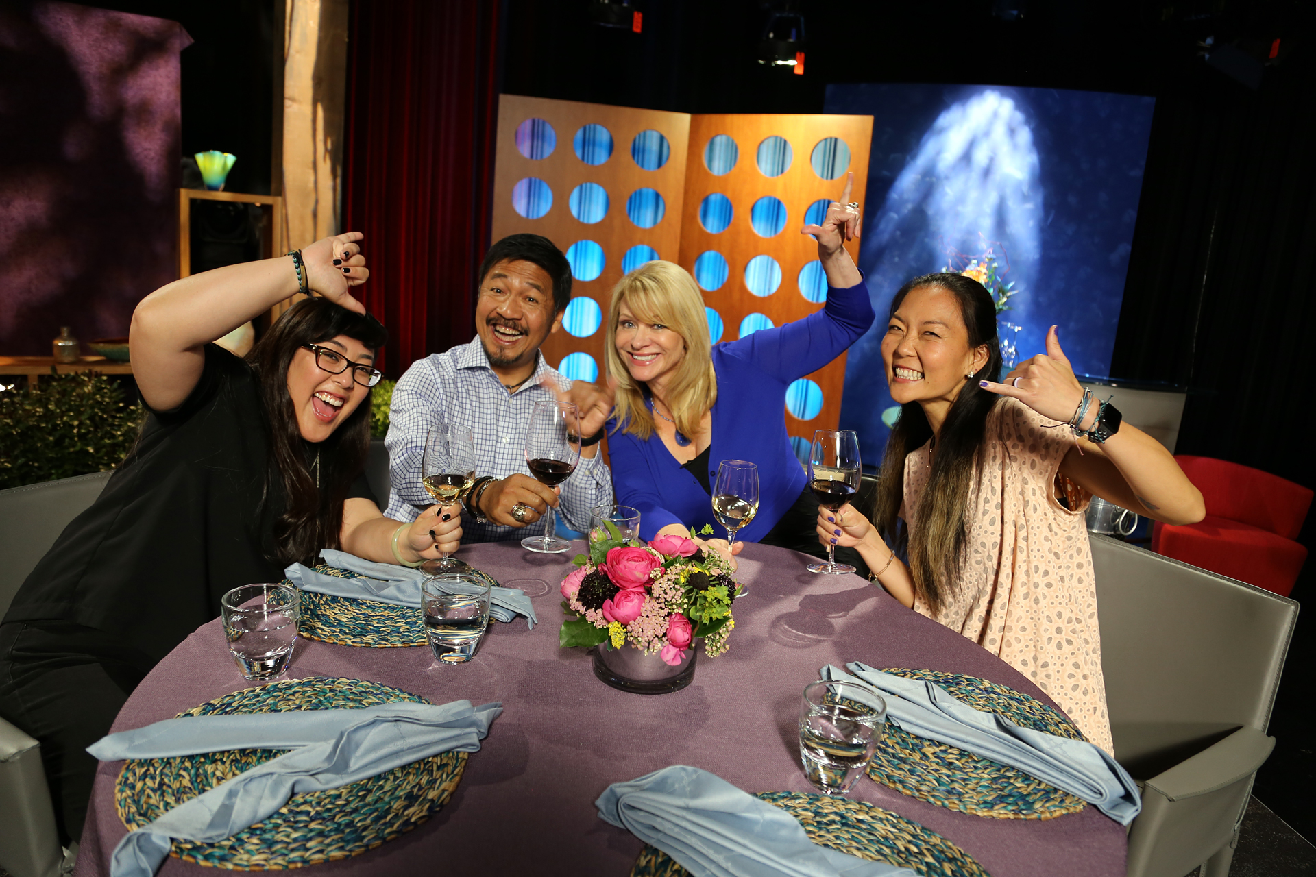 Host Leslie Sbrocco and guests having fun on the set of season 12 episode 20.