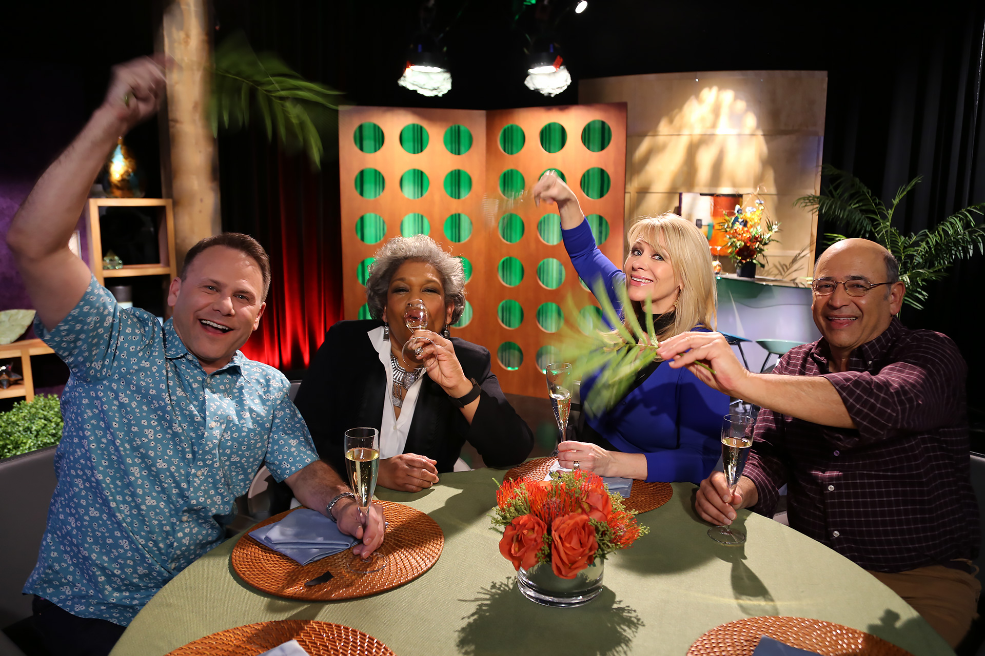 Host Leslie Sbrocco and guests having fun on the set of the premiere episode of season 13.