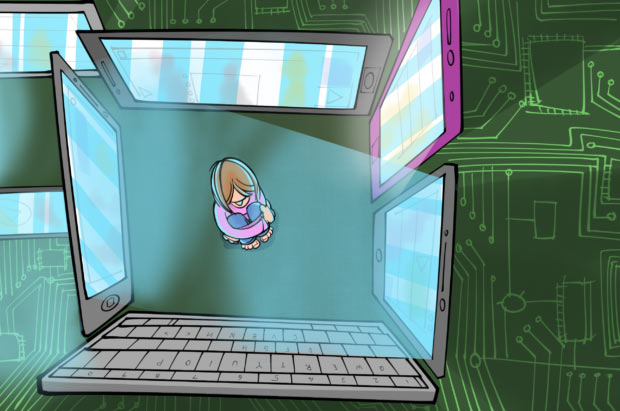 A cartoon showing a girl boxed in by computer screens.