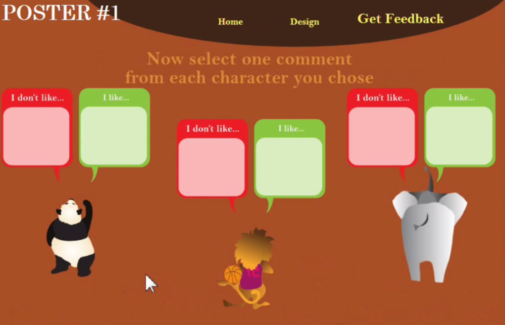 Screenshot from Schwartz' feedback game. Students could choose to either hear positive or negative feedback on their posters.