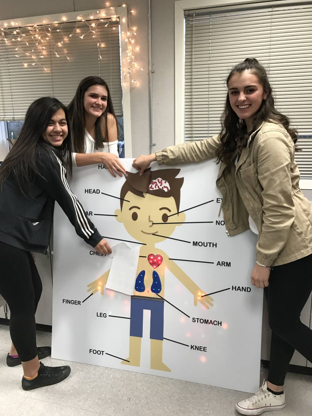 Students show off their their model of how brain circuits work in a person with anxiety. 