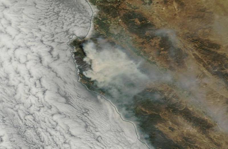Satellite image Thursday, July 28, of smoke emitted from Soberanes Fire in Monterey County.
