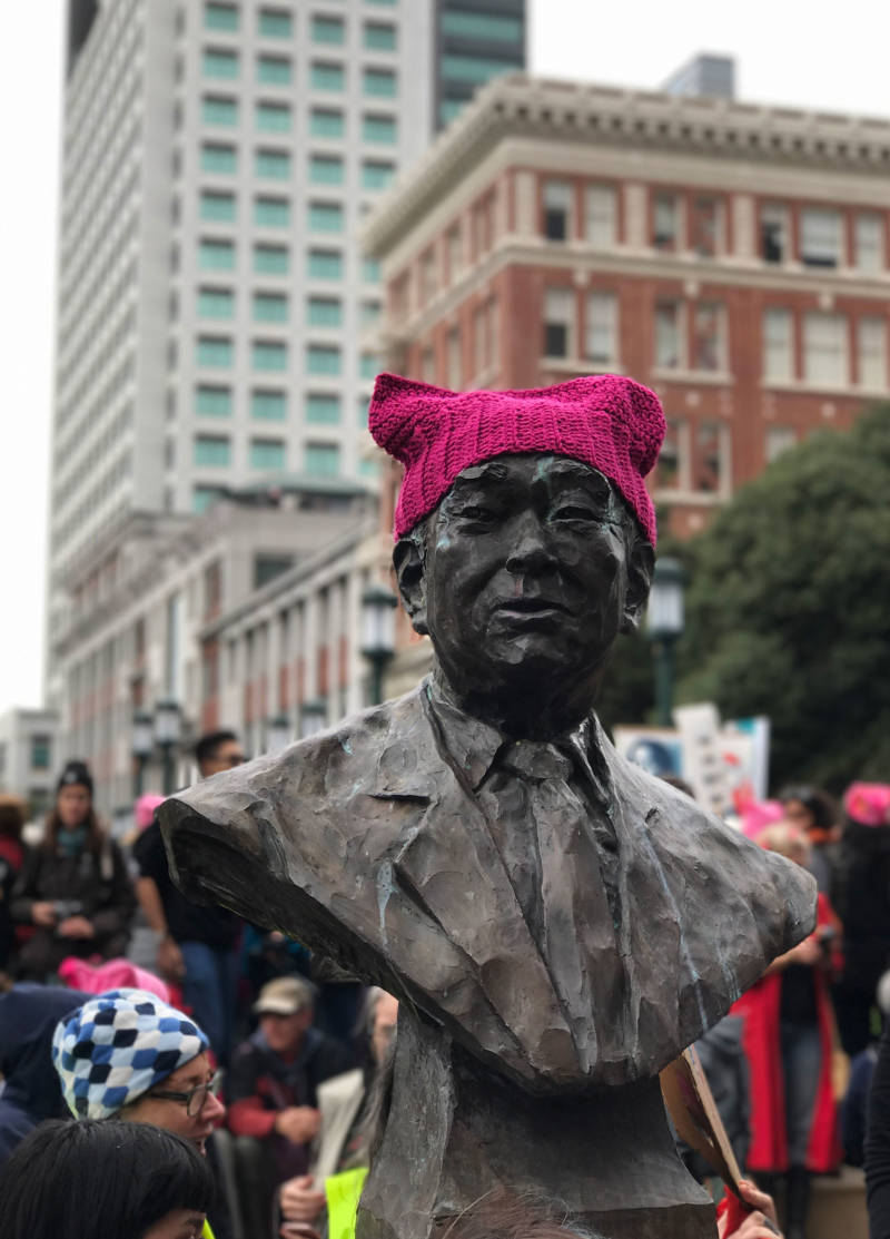 A pink "pussyhat" sits on a bust of Frank Ogawa at Frank Ogawa Plaza on Jan. 21, 2017 in Oakland.