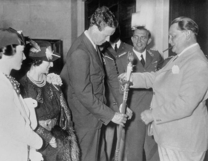 Hermann Goering, a Nazi Party leader, presents a medal to Charles Lindbergh in 1936.