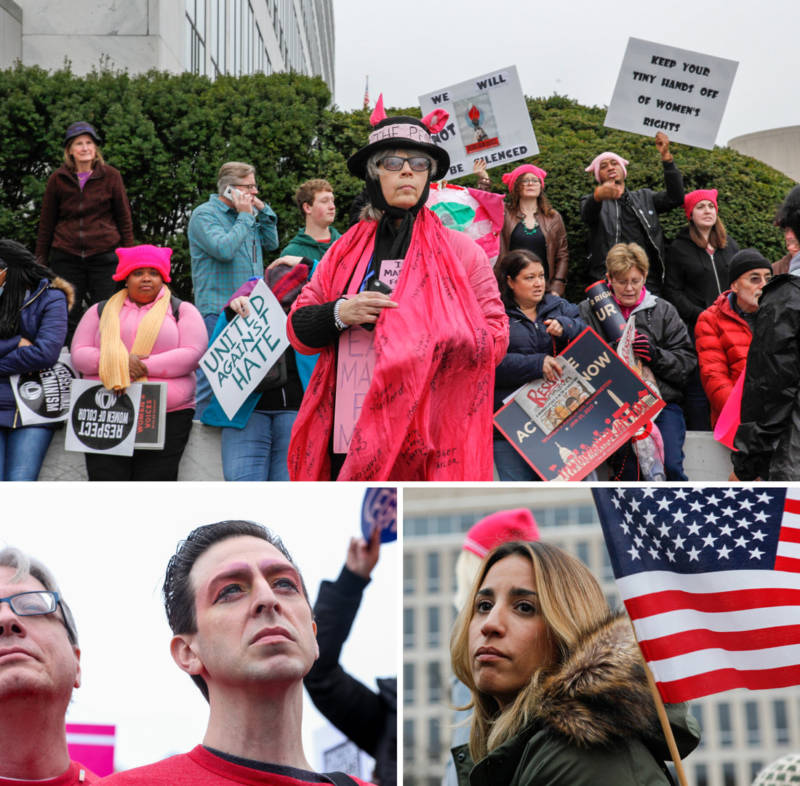  Many protesters wore pink or other feminist iconography at the Women's March on Washington.
