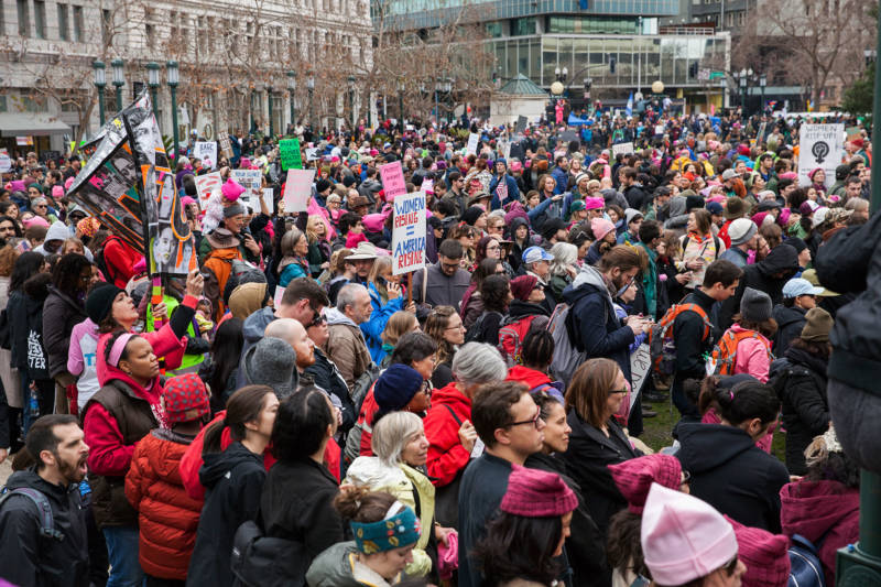 Thousands of people crowd Frank Ogawa Plaza in Oakland during the Women’s March rally on Jan.21, 2017.