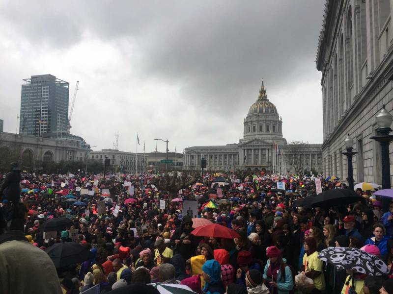 Thousands of people poured into Civic Center Plaza for the San Francisco Women's March.