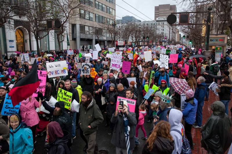 Thousands of protesters join together to march in the Women’s March in San Francisco on Jan. 21, 2017.