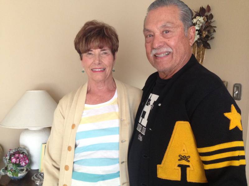 Randy and Gayle Autentico dated while at Antioch High School. Randy was a quarterback. Gail was a cheerleader. Both are pictured in their original sweaters.
