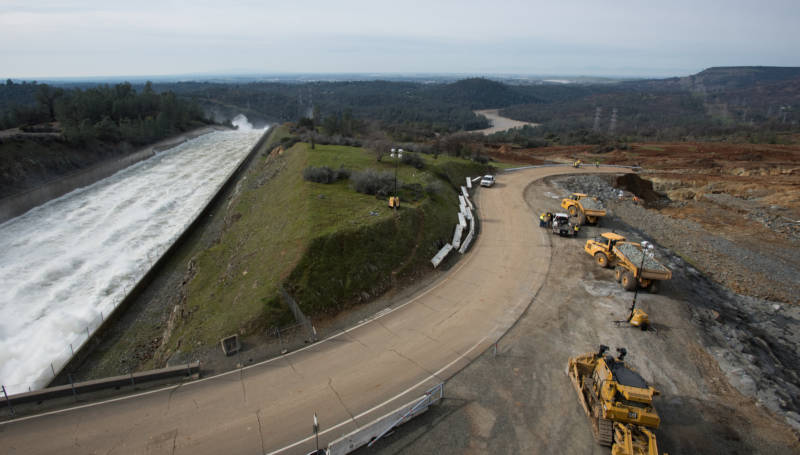 California Department of Water Resources continues to release 100,000 cubic feet per second (cfs) of water from the primary Oroville Spillway, while crews inspect and evaluate the erosion just below the Lake Oroville Emergency Spillway site on Monday February 13, 2017. Kelly M. Grow/ California Department of Water Resources, FOR EDITORIAL USE ONLY