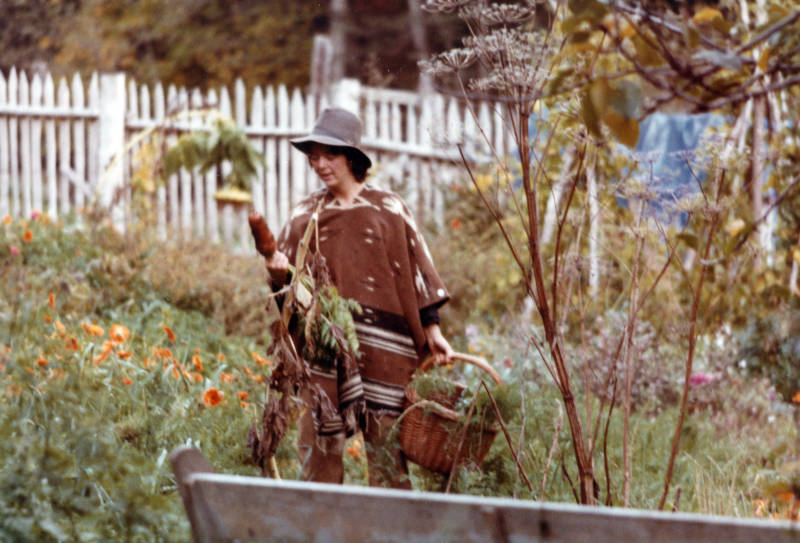 Meredith, Tesilya's mother, in the garden at Black Bear Ranch around 1976. 