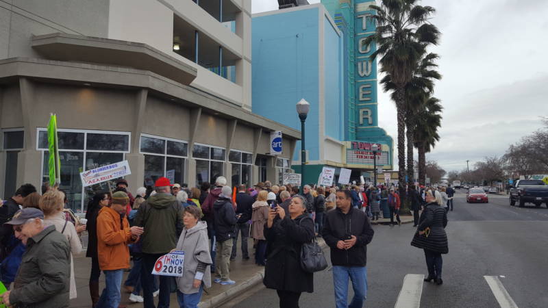 Crowds gather outside the location of Rep. Tom McClintock's (R-Calif.) town hall meeting in Roseville, CA on Saturday February 4, 2016.