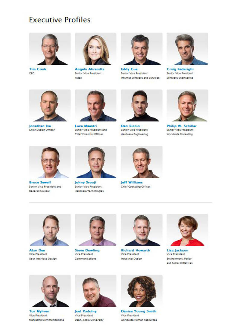 A snapshot of Apple executives from Apple.com.