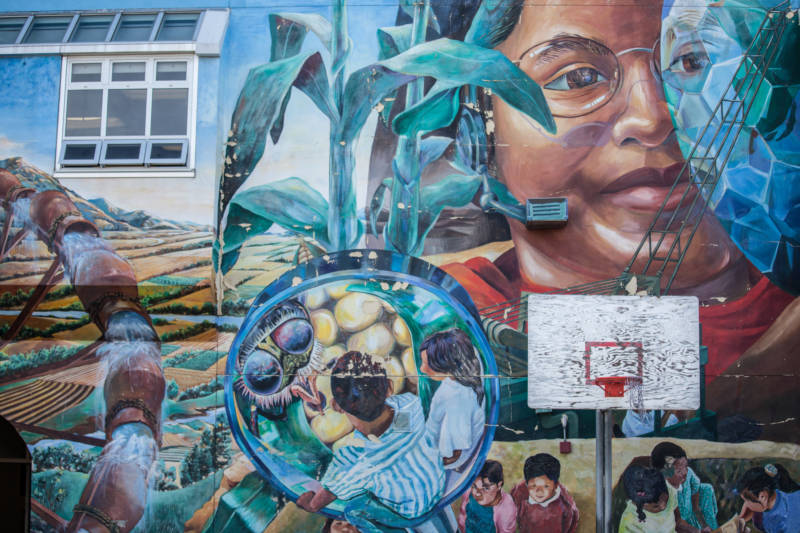 Murals cover the walls of San Francisco International High School, which is in the city’s Mission District.