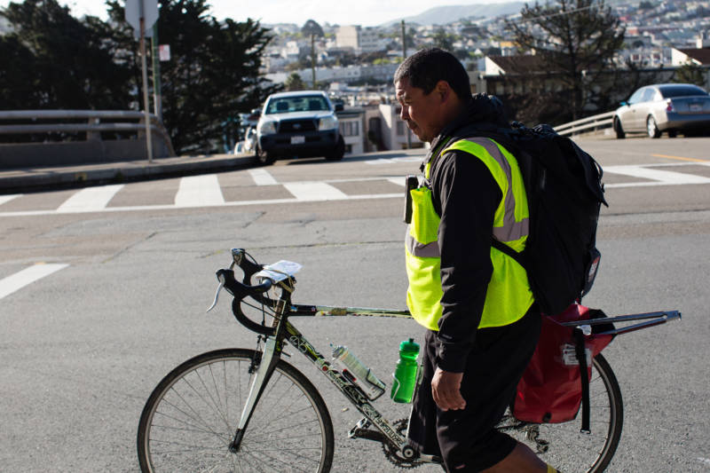 Jake Munoz has worked in the Mosquito Abatement Courier (MAC) program in San Francisco for six seasons, distributing larvicide tablets in city storm drains and marking each finished drain with spray paint. He covered a route near City College of San Francisco on the morning of March 23, 2017.