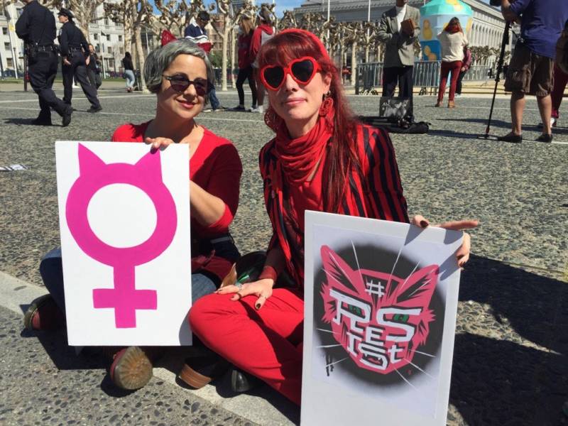 Julie Horton and Isabel Samaras take the day off work in support of a " A Day Without A Woman" rally at San Francisco's City Hall on March 8, 2017. 