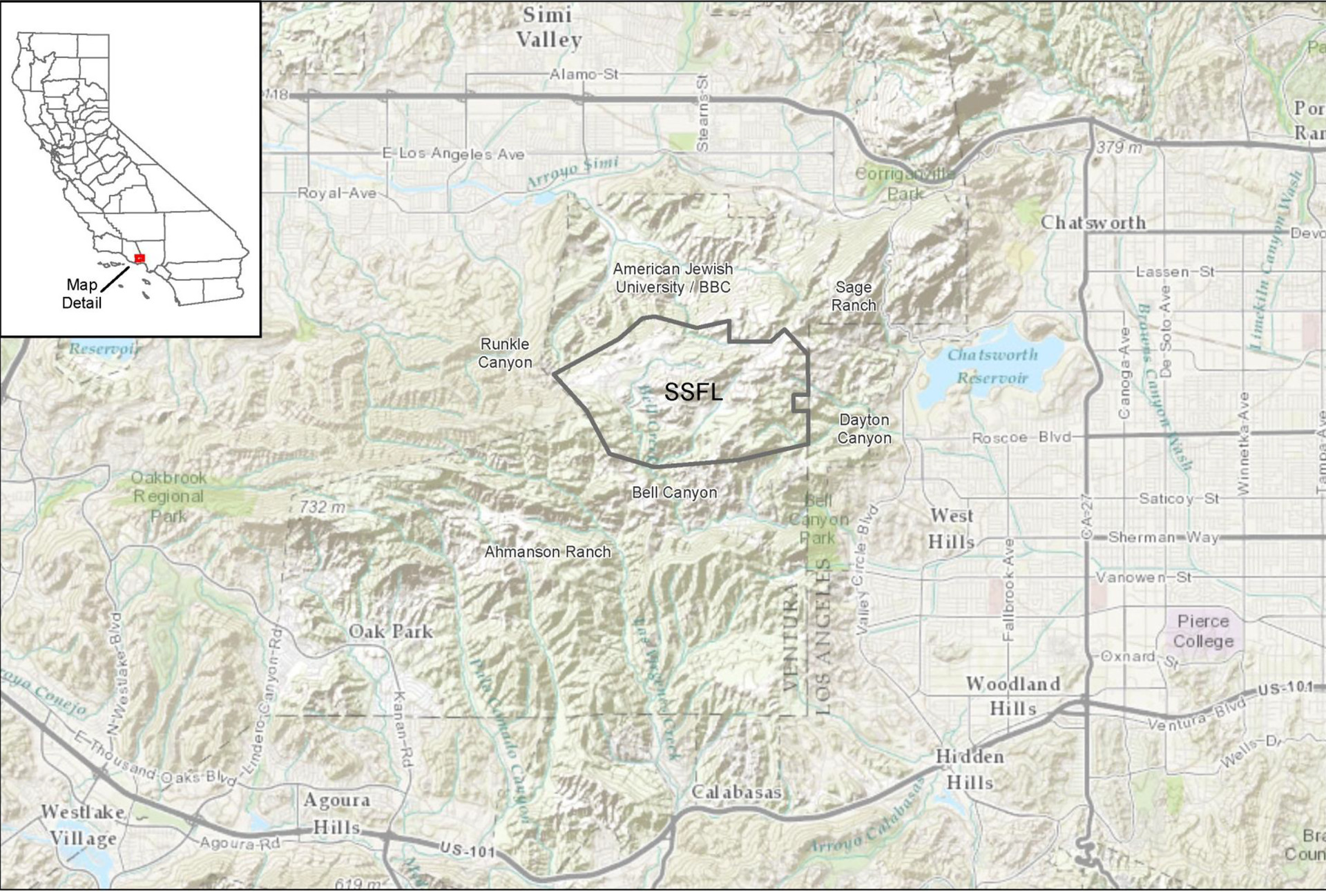 The Santa Susana Field Laboratory is in the Simi Hills about 30 miles west of downtown Los Angeles.