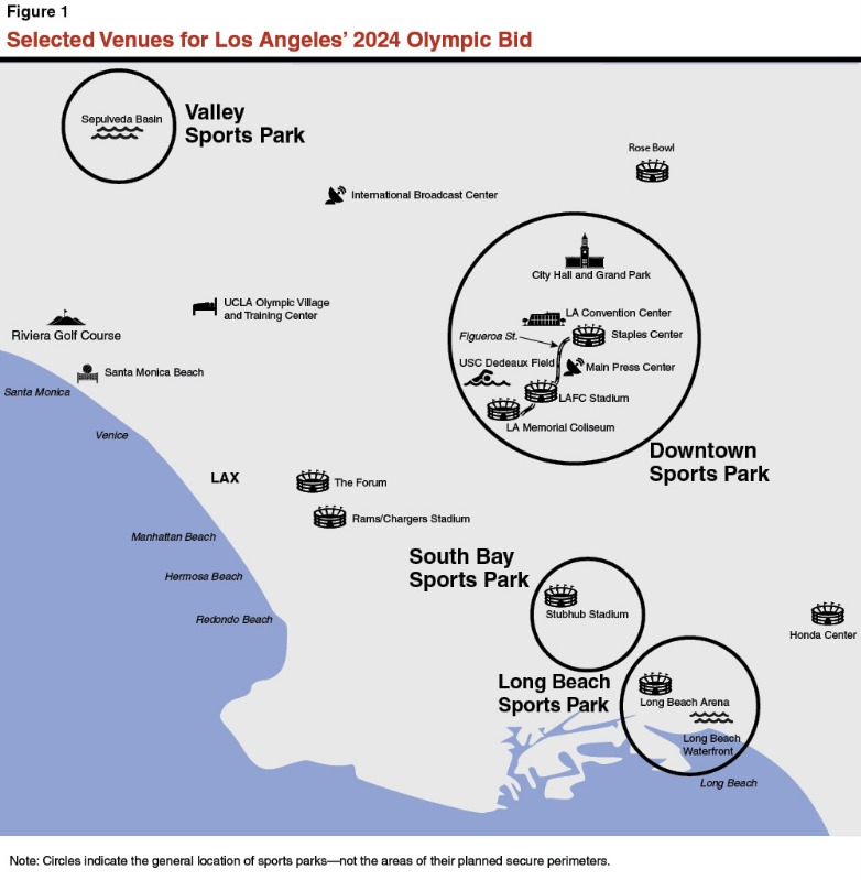 Selected Venues for Los Angeles’ 2024 Olympic Bid. Map courtesy of the CA Legislative Analyst's Office.