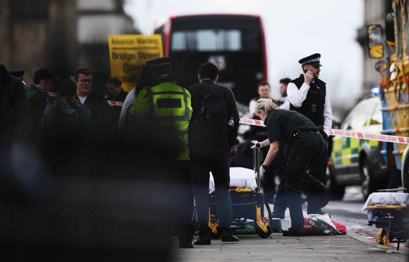 Medical staff near Westminster Bridge on Wednesday in London, England, where the U.K. House of Commons is under lockdown.