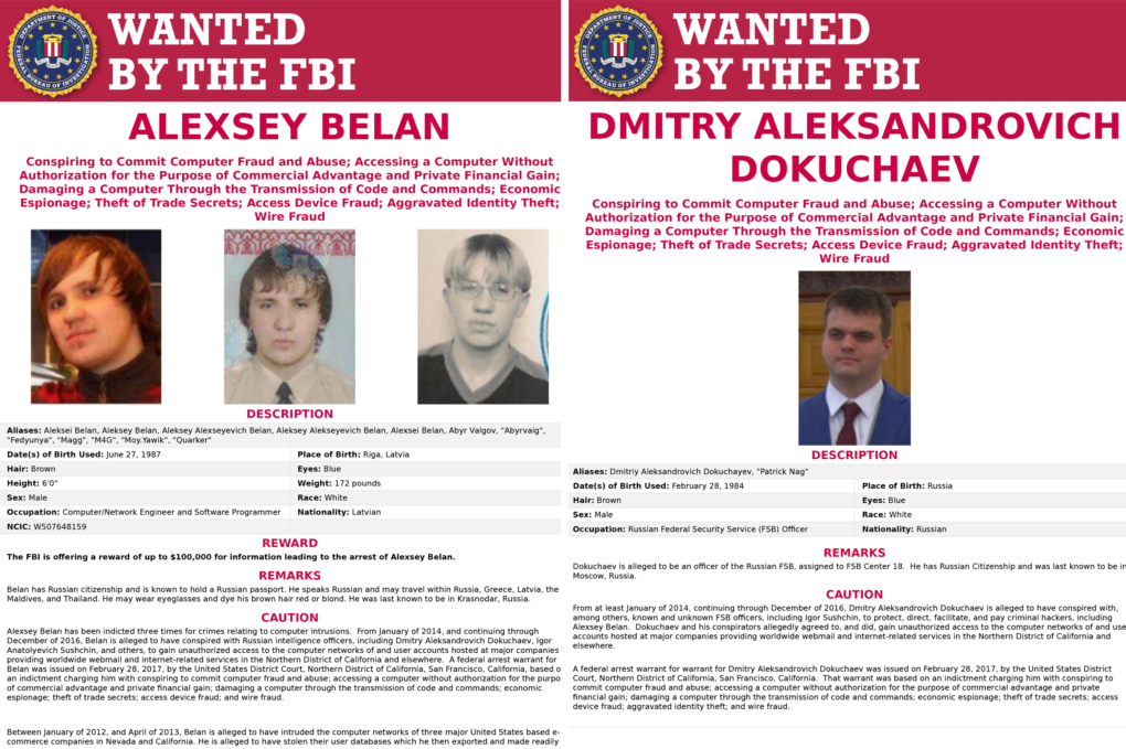 Both Alexsey Belan (L) and Dmitry Dokuchaev (R) were included in the series of "wanted" posters for Russians accused of cyber crimes Wednesday.