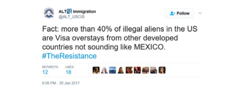 A now-deleted tweet from @ALT_USCIS was included in a complaint Twitter filed against the Department of Homeland Security. Twitter says DHS tried to unmask the user behind this account, which has “expressed dissent in a range of different ways,” including this early tweet that “the author apparently believed cast doubt on the Administration’s immigration policy.” 