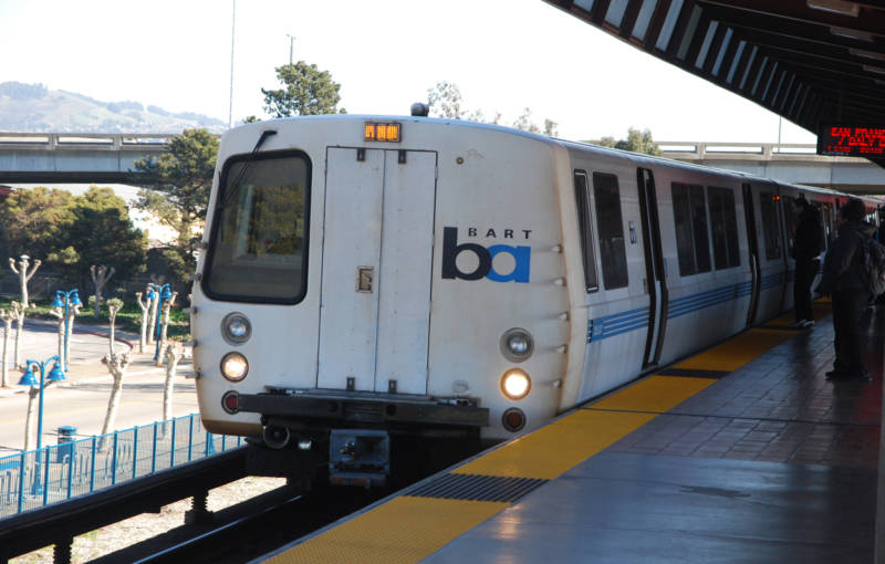 A BART train at Oakland's Coliseum station, where 40 to 60 youths took over a train car and robbed and beat passengers.