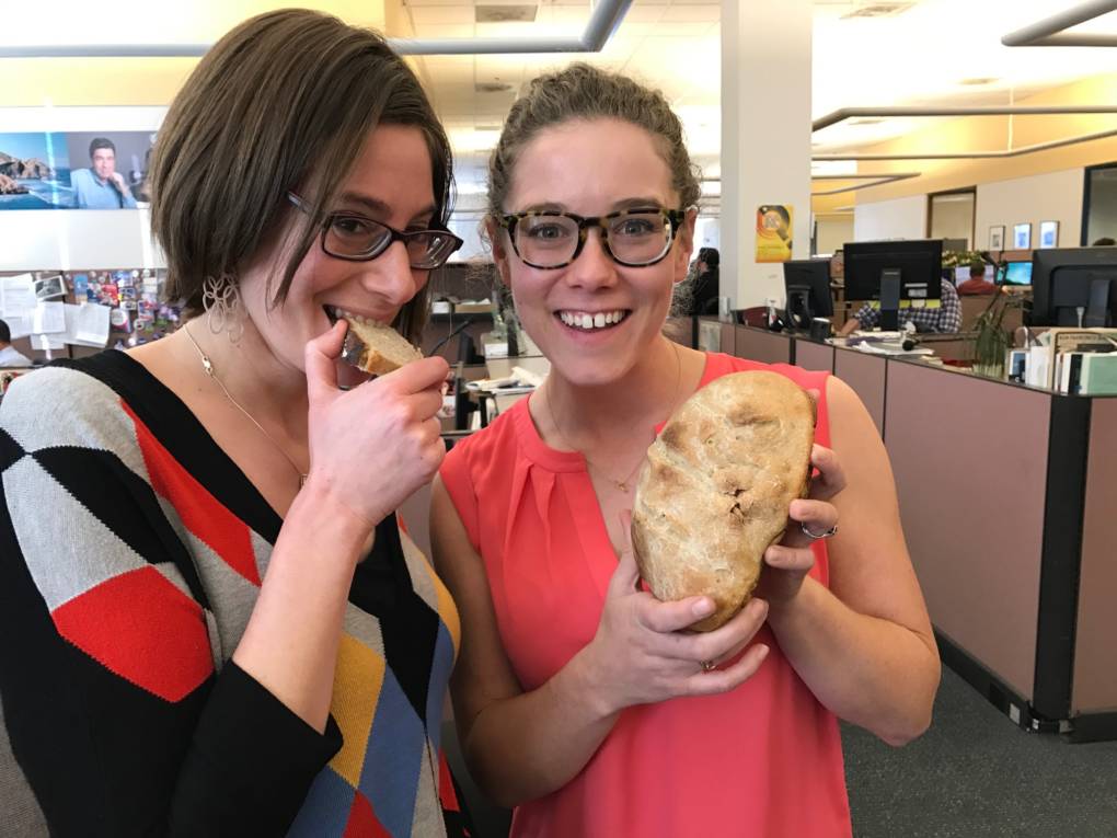 Julia Scott, left, and Bay Curious podcast host Olivia Allen-Price enjoy the fruits of Scott's labor -- some homemade sourdough bread.