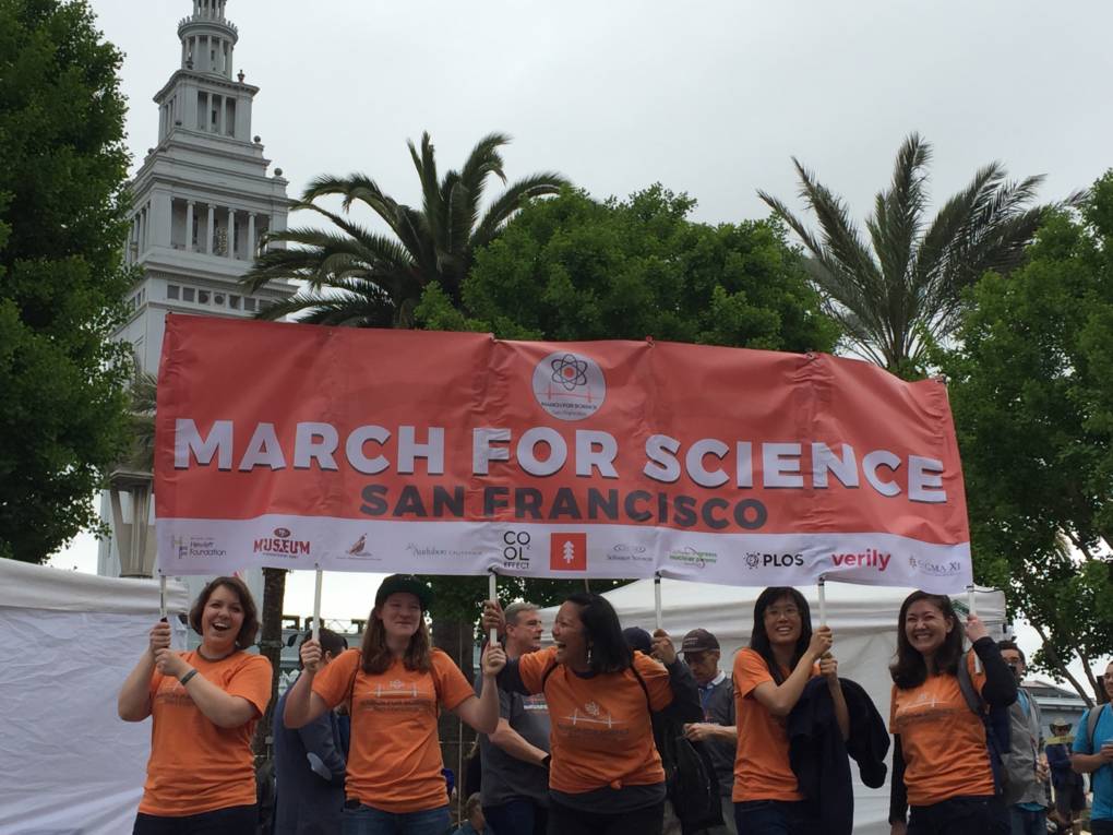 Crowds gather near Pier 39 for the March for Science demonstration in San Francisco.