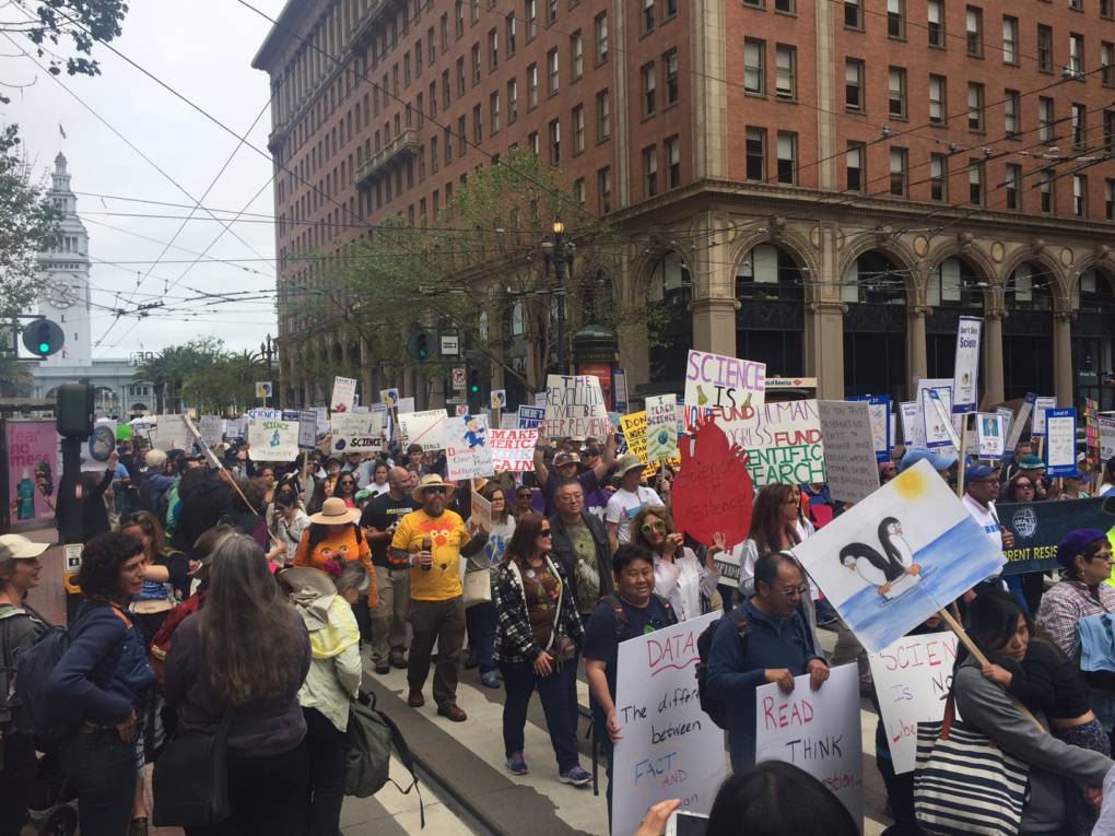 Marchers on Market Street in San Francisco make their way from Justin Herman Plaza to Civic Center.