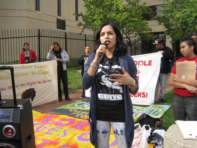 Blanca Vazquez invites undocumented immigrants to "come out of the shadows" at a rally in Oakland in April 2017.