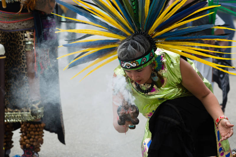 Sandra, who declined to give her last name, is a member of traditional dance troupe Xiuhcoatl Danza Azteca. They performed before a press conference in front of San Francisco City Hall on April 24, 2017 that was organized by members of the May 1st Coalition, who were announcing their participation in the upcoming May Day protest.