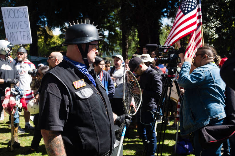Protesters from the far right converged on Martin Luther King, Jr. Civic Center Park in Berkeley on April 27, 2017. They originally planned their event in support of Ann Coulter, who was scheduled to speak at UC Berkeley, but when her appearance was canceled the protesters held a rally anyway.