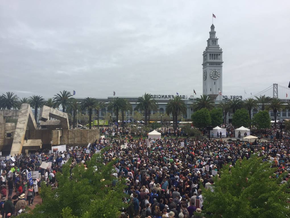 A view of the crowd at Justin Herman Plaza in San Francisco.