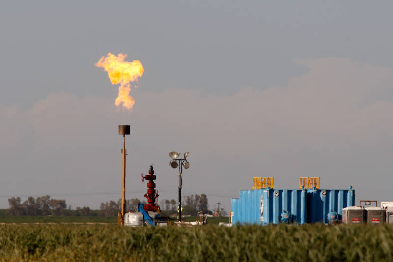 Gas flaring in an oil production area near Buttonwillow, in Kern County.