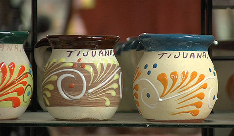 Ceramic mugs for sale at a shop in Tijuana.