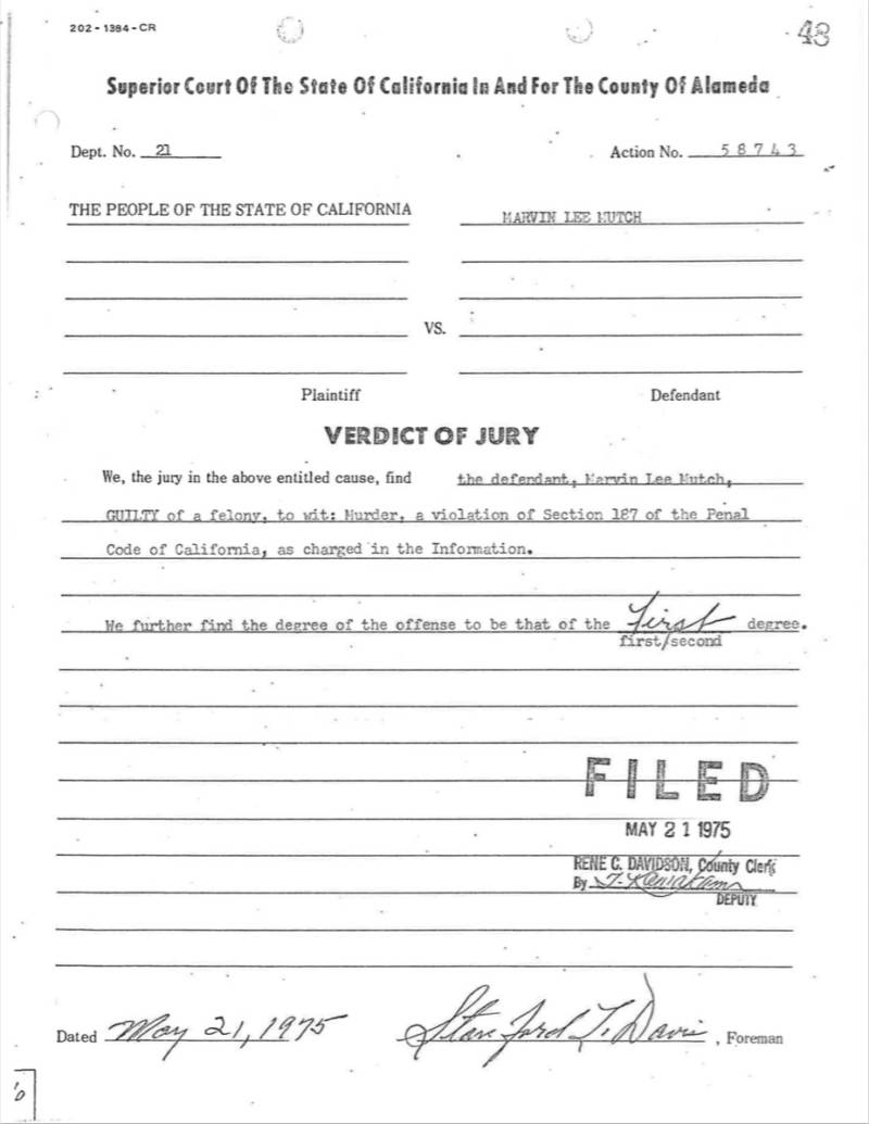 Verdict form from The People of the State of California vs. Marvin Lee Mutch dated May 21, 1975.