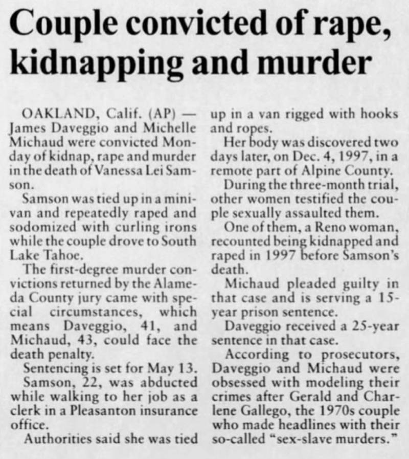 An article in the May 7, 2002, edition of of the Reno Gazette-Journal announces the conviction of James Daveggio and Michelle Michaud.