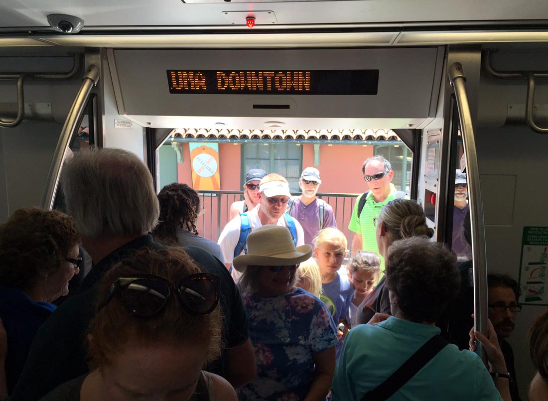 Passengers board a SMART Train car for a preview ride during a stop in Petaluma on June 29, 2017.