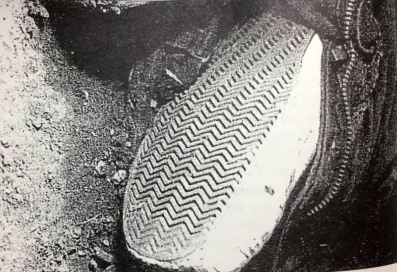 A crime scene photo showing one of the shoes Cassie Riley was wearing when she was killed.