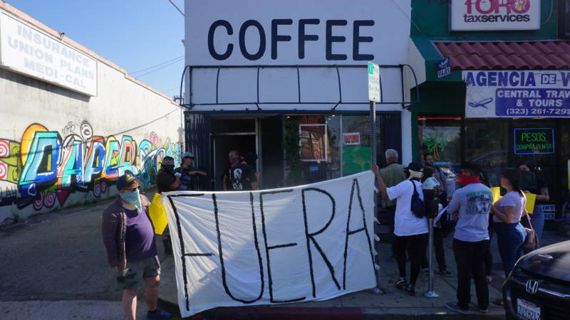 Anti-gentrification activists staged a protest outside Weird Wave Coffee Brewers recently, chanting 'Weird Cafe has got to go.'