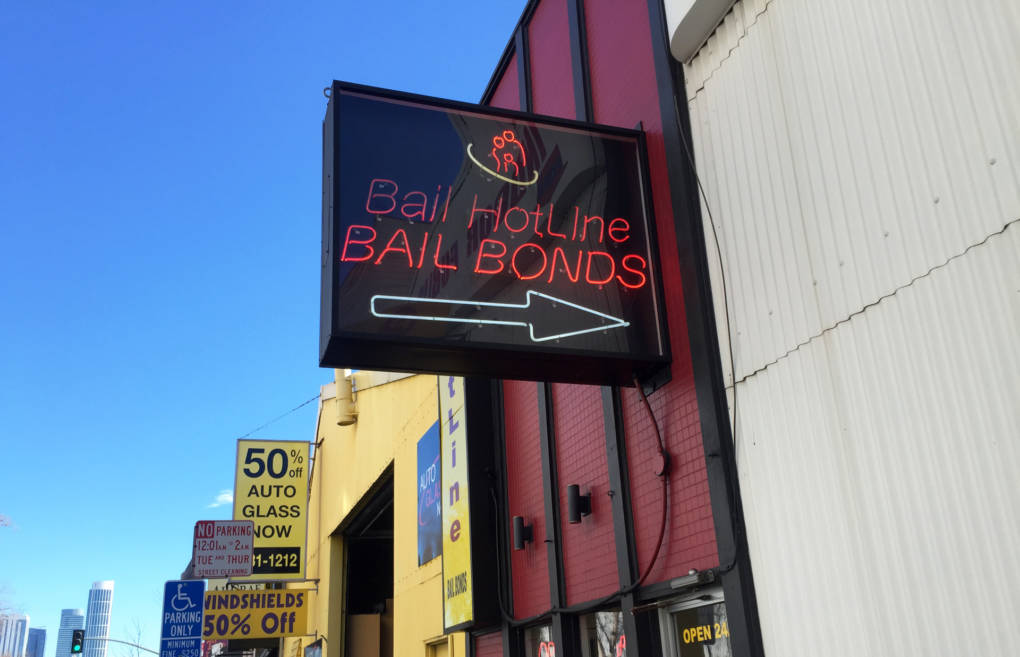 A sign for bail bonds on Bryant Street in San Francisco on Feb. 16, 2016.