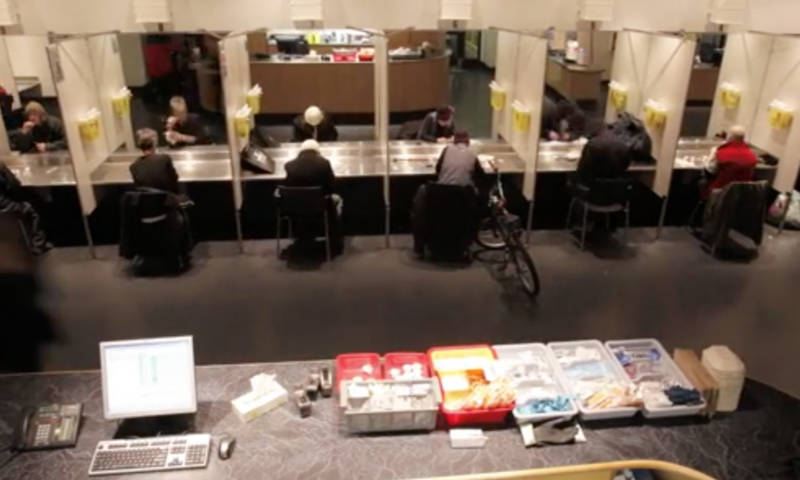 A scene from a video shared by Insite, a drug users’ injection facility in Vancouver, Canada, that is serving as a model for California’s proposal.